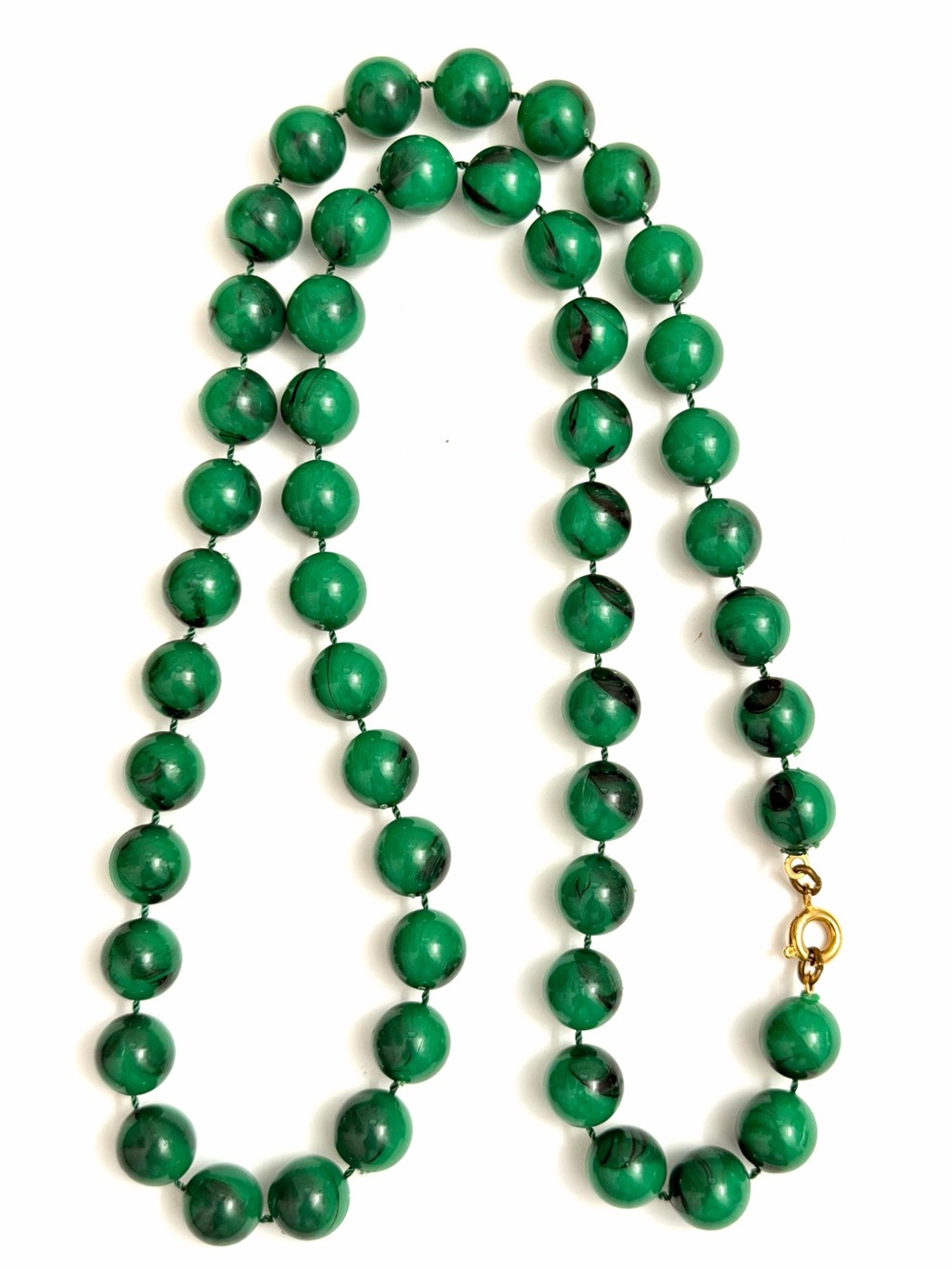 Vintage Green Marbled Bead Necklace Knotted Faux Malachite Mid Century Acrylic
